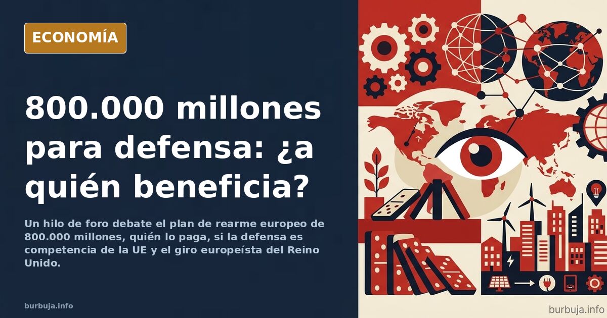 Ilustración editorial de un edificio institucional europeo rodeado de billetes de euro y siluetas de soldados en tonos azul m