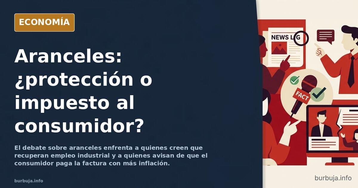 Ilustración editorial sobre aranceles con contenedores portuarios y una balanza comercial entre industria y consumo