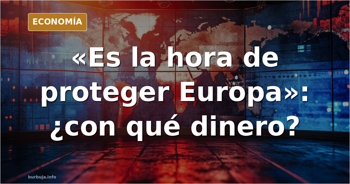 Ilustración editorial de un atril vacío con banderas europeas y un gráfico de gasto en defensa en ascenso