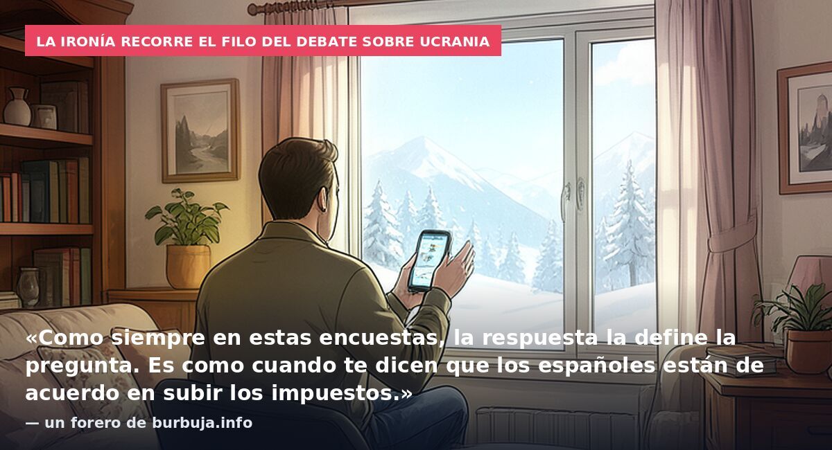 La ironía recorre el filo del debate sobre Ucrania: «Como siempre en estas encuestas, la respuesta la define la pregunta. Es como cuando te dicen que los españoles están de acuerdo en subir los impuestos.» — un forero de burbuja.info
