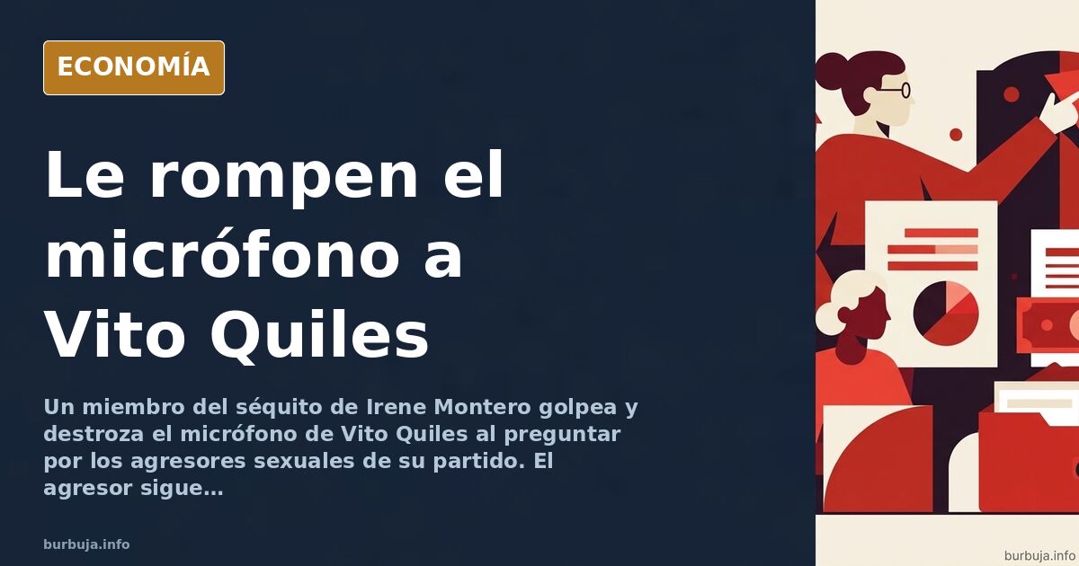 Micrófono destrozado en el suelo junto a la pierna de un escolta tras la agresión a Vito Quiles ante Irene Montero