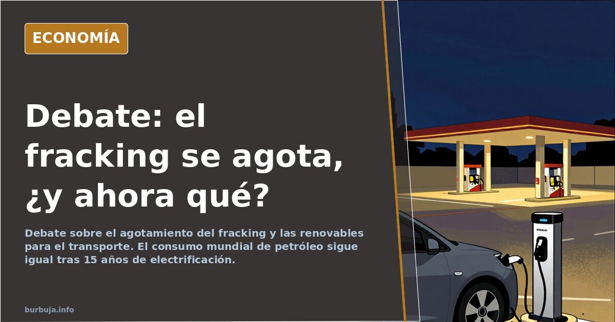 Ilustración editorial de una torre de extracción de petróleo agotada junto a paneles solares y molinos de viento en un paisaj