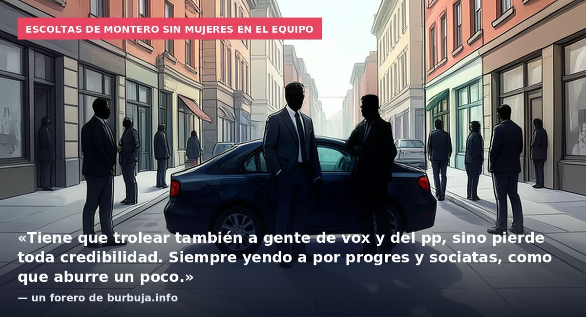 Escoltas de Montero sin mujeres en el equipo: «Tiene que trolear también a gente de vox y del pp, sino pierde toda credibilidad. Siempre yendo a por progres y sociatas, como que aburre un poco.» — un forero de burbuja.info