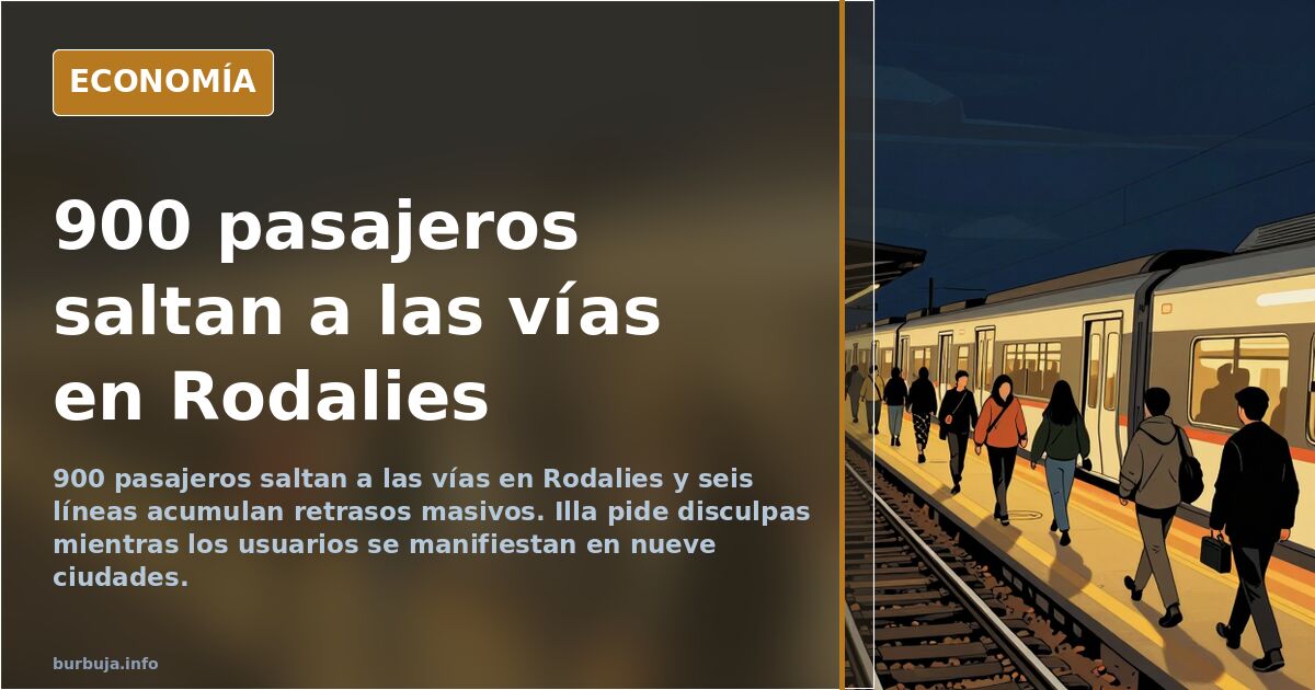 Pasajeros caminando por la vía del tren tras ser evacuados en Rodalies, con andenes vacíos y trenes parados al fondo