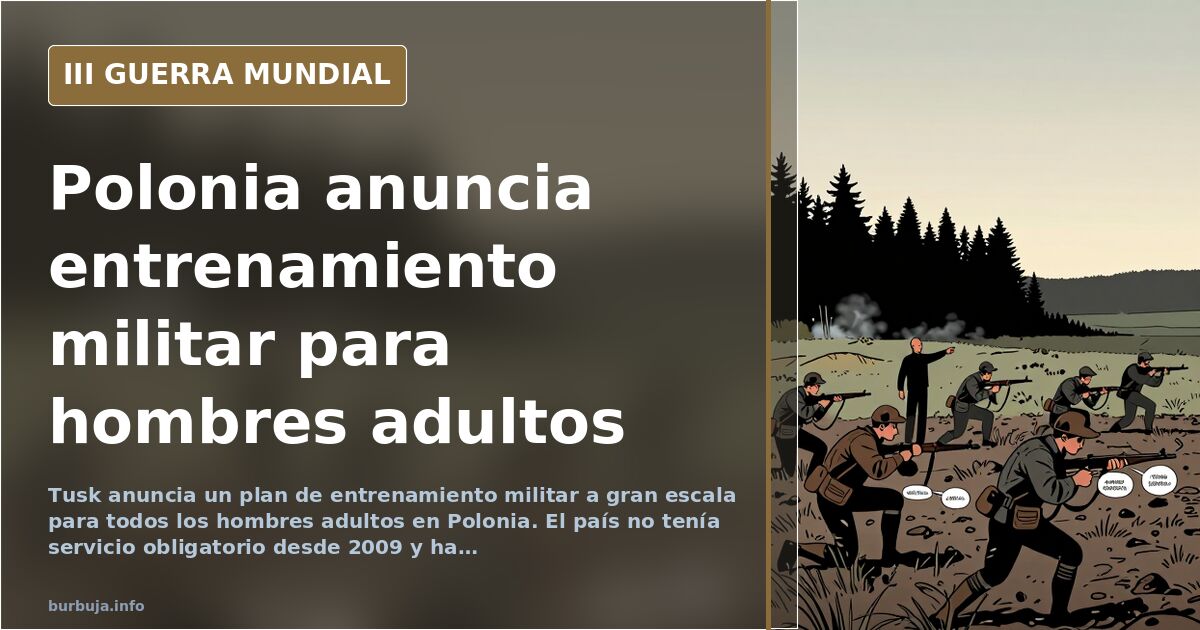 Mapa de Polonia con siluetas de equipo militar y humo lejano en el horizonte, ilustración documental desaturada sobre el recl