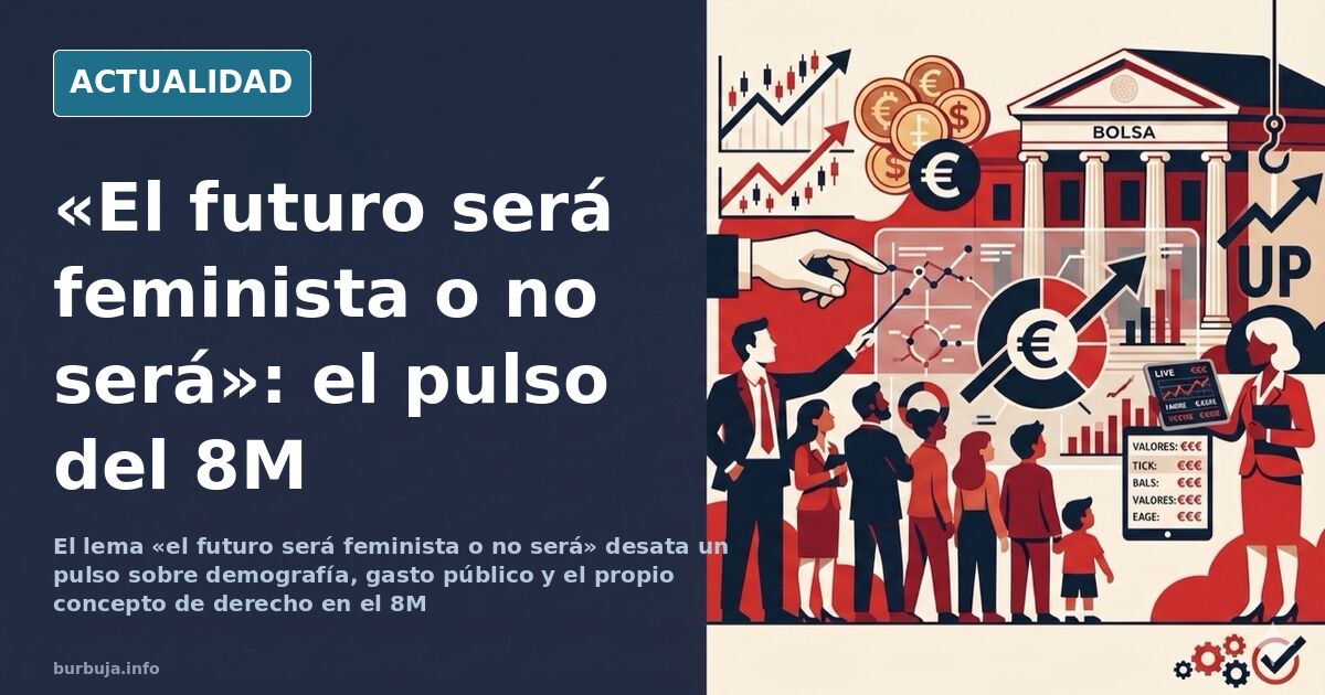 Pancarta reivindicativa del 8 de marzo en una calle urbana con viandantes de espaldas y luz de mañana
