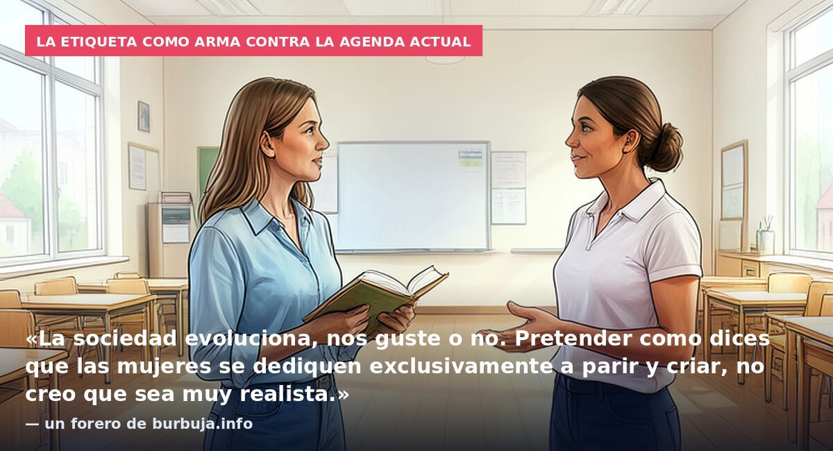 La etiqueta como arma contra la agenda actual: «La sociedad evoluciona, nos guste o no. Pretender como dices que las mujeres se dediquen exclusivamente a parir y criar, no creo que sea muy realista.» — un forero de burbuja.info