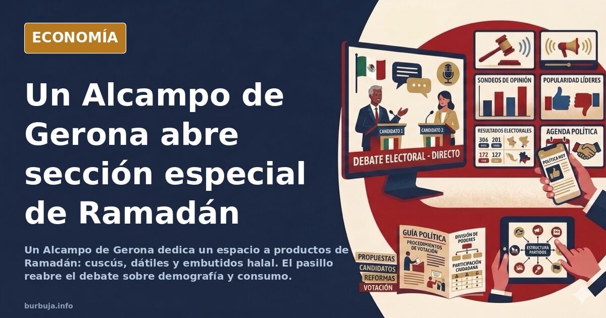 Estantería de supermercado con productos de Ramadán como dátiles y cuscús junto a jamones curados colgados al fondo