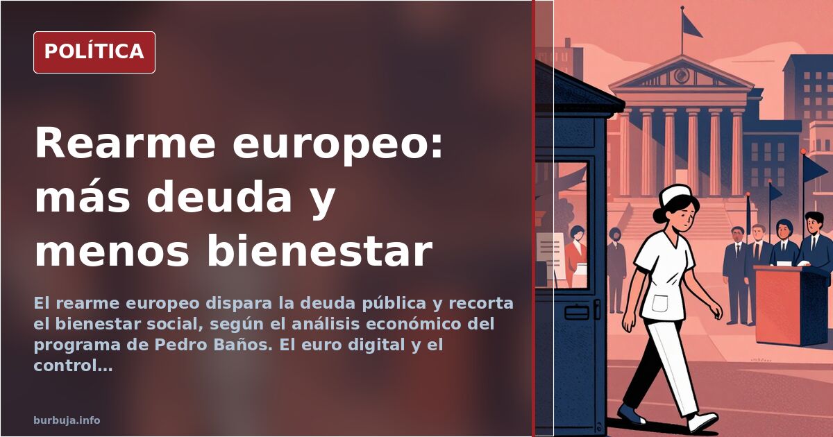 Ilustración editorial de líderes europeos en un parlamento con banderas de la UE y símbolos de rearme y deuda pública