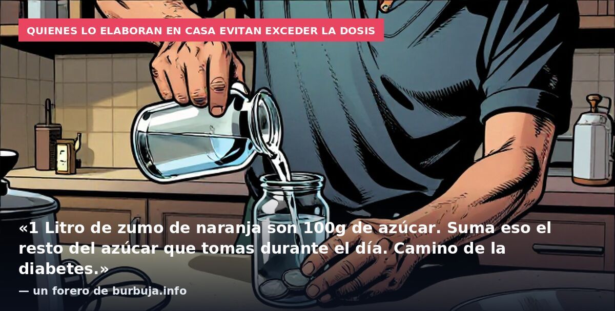 Quienes lo elaboran en casa evitan exceder la dosis: «1 Litro de zumo de naranja son 100g de azúcar. Suma eso el resto del azúcar que tomas durante el día. Camino de la diabetes.» — un forero de burbuja.info