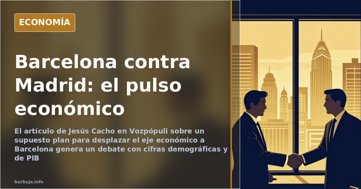 Ilustración editorial de un mapa de España con Madrid y Barcelona conectadas por una línea de poder económico en tonos azul m