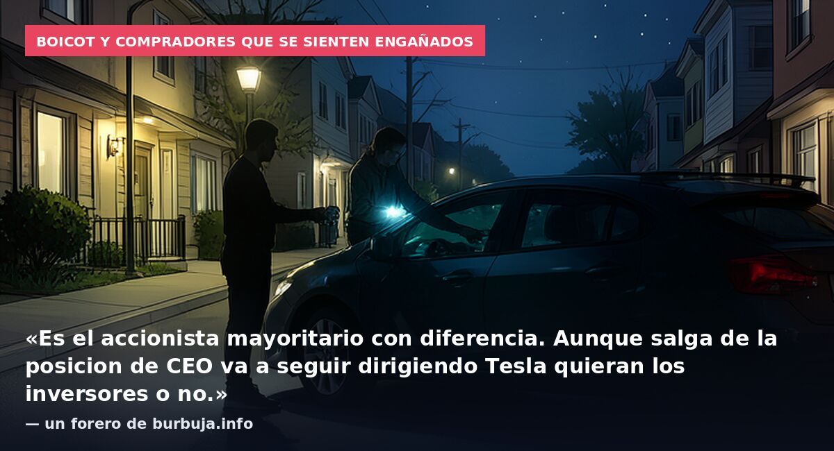 Boicot y compradores que se sienten engañados: «Es el accionista mayoritario con diferencia. Aunque salga de la posicion de CEO va a seguir dirigiendo Tesla quieran los inversores o no.» — un forero de burbuja.info