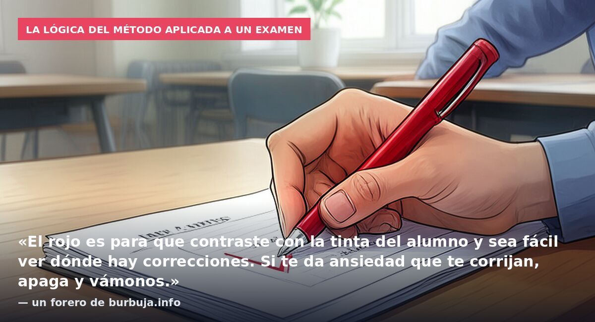 La lógica del método aplicada a un examen: «El rojo es para que contraste con la tinta del alumno y sea fácil ver dónde hay correcciones. Si te da ansiedad que te corrijan, apaga y vámonos.» — un forero de burbuja.info