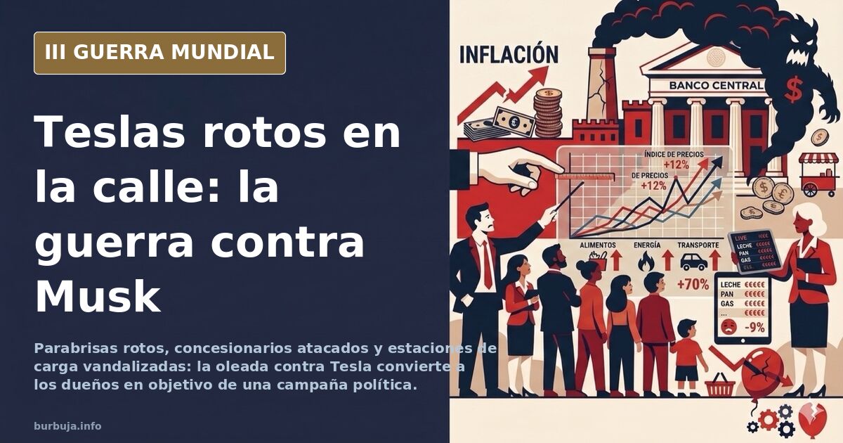 Vehículo Tesla con la ventanilla destrozada en una calle, reflejo de los ataques vandálicos contra la marca