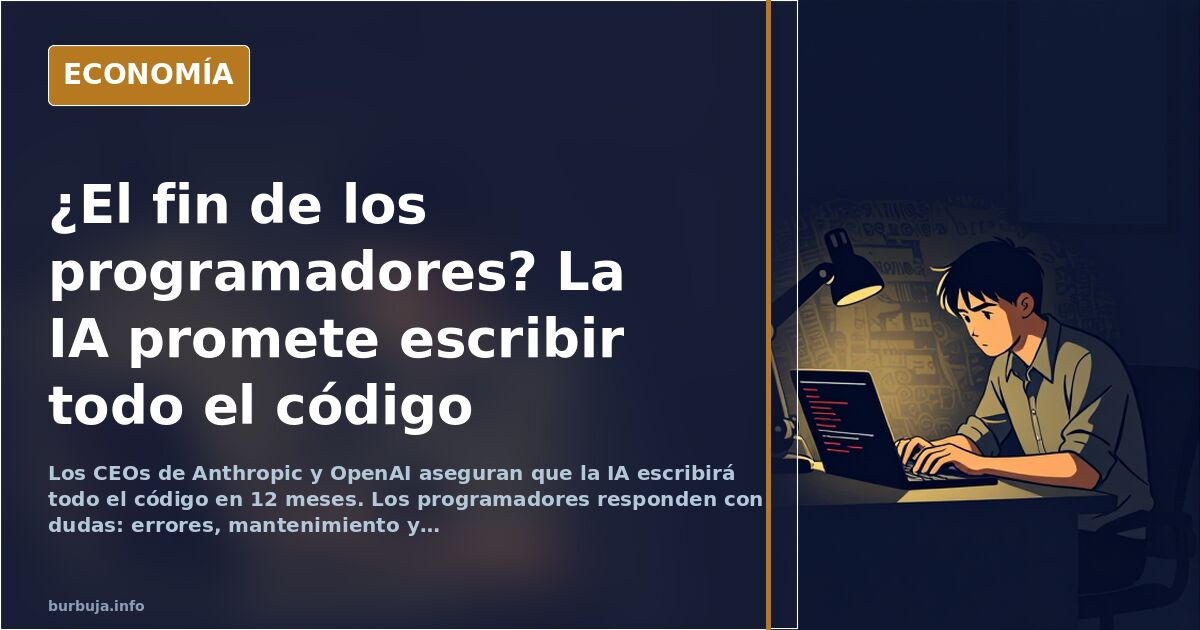 Ilustración editorial de un programador frente a una pantalla con código generado por IA, con engranajes y símbolos de advert