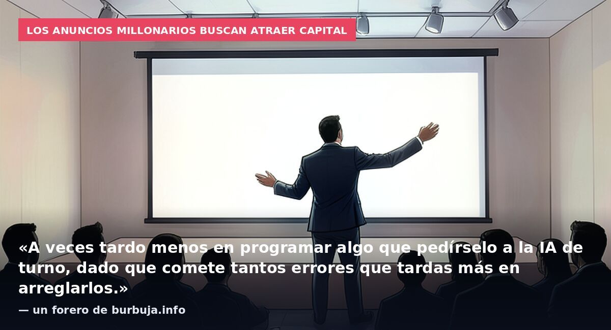 Los anuncios millonarios buscan atraer capital: «A veces tardo menos en programar algo que pedírselo a la IA de turno, dado que comete tantos errores que tardas más en arreglarlos.» — un forero de burbuja.info