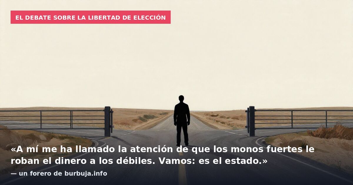 El debate sobre la libertad de elección: «A mí me ha llamado la atención de que los monos fuertes le roban el dinero a los débiles. Vamos: es el estado.» — un forero de burbuja.info