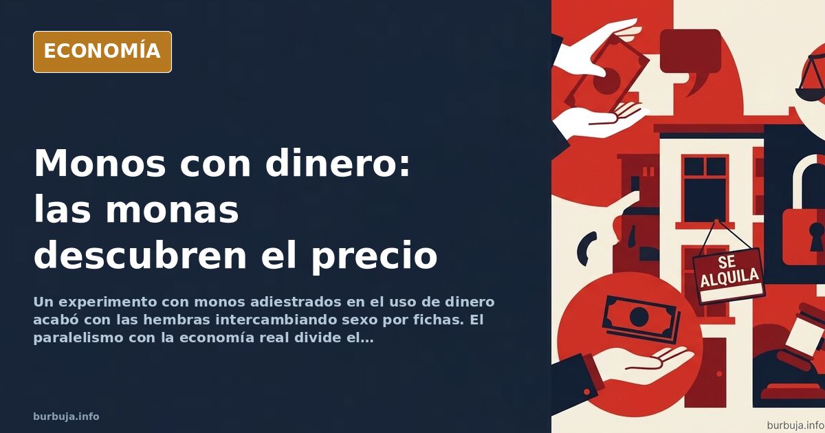 Ilustración editorial de monos usando fichas de dinero en un experimento económico sobre intercambio y jerarquía