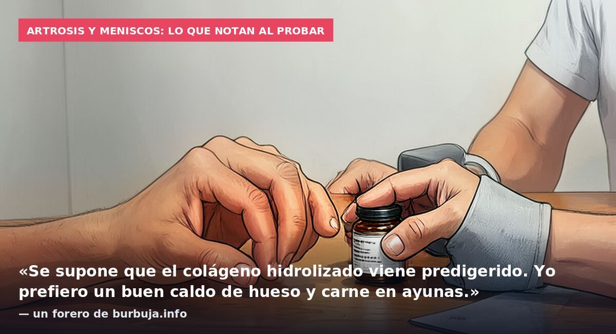 Artrosis y meniscos: lo que notan al probar: «Se supone que el colágeno hidrolizado viene predigerido. Yo prefiero un buen caldo de hueso y carne en ayunas.» — un forero de burbuja.info