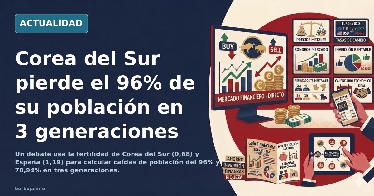 Gráfico de pirámide poblacional invertida sobre un mapa de España y Corea del Sur con líneas descendentes de natalidad