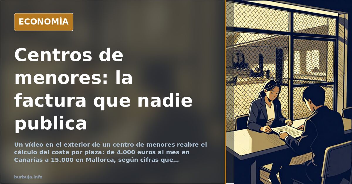 Fachada de un centro de menores tutelados en España, con jóvenes en la puerta y la cifra de coste por plaza sobreimpresa