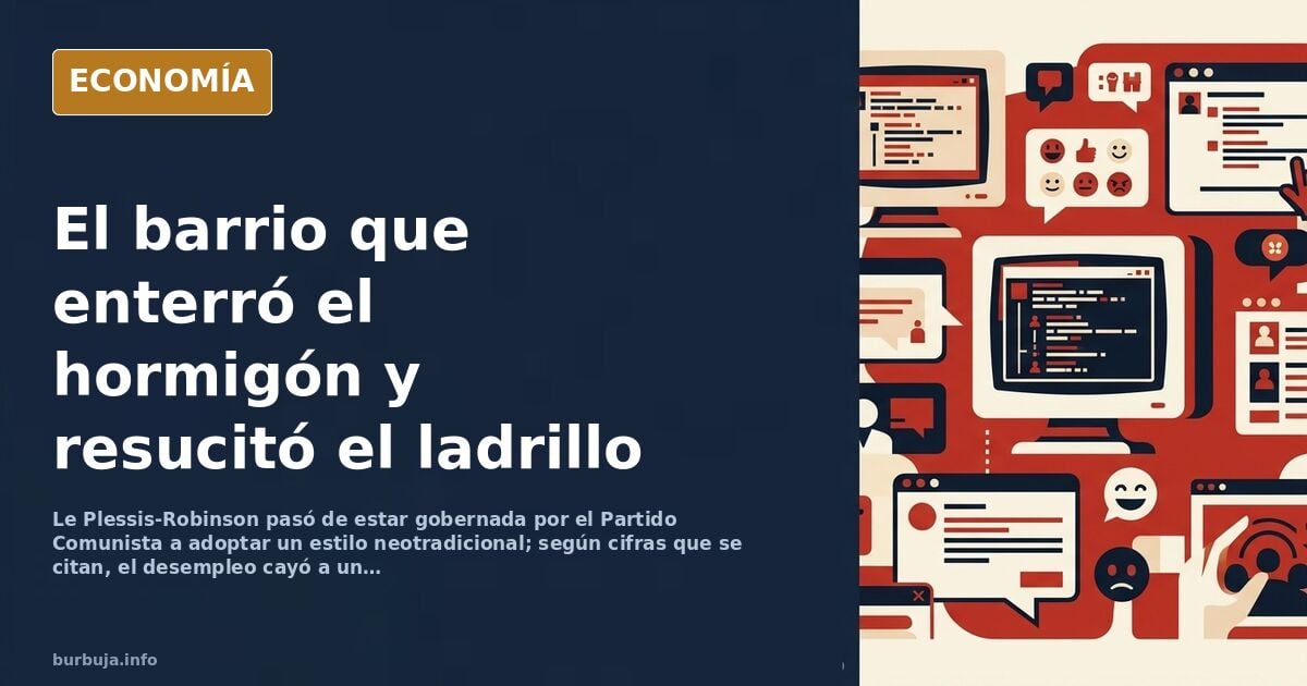 Ilustración editorial de un barrio residencial francés con tejados inclinados y arcos de piedra frente a bloques de hormigón 