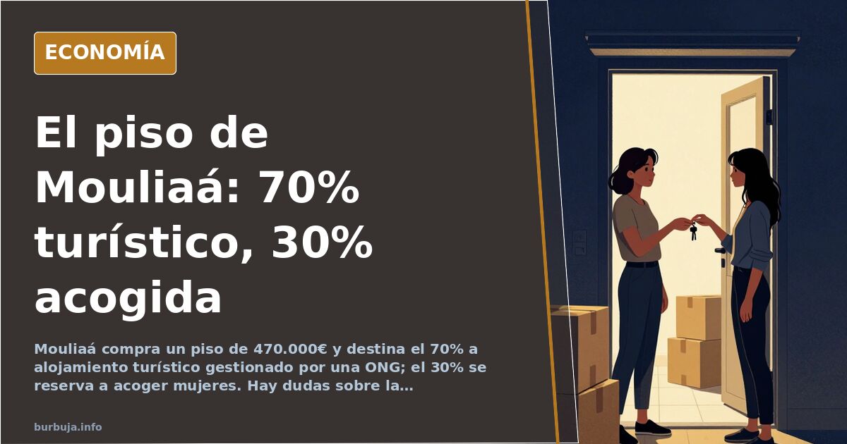 Ilustración editorial de un edificio dividido entre alojamiento turístico y vivienda de acogida, con llaves y maletín en prim