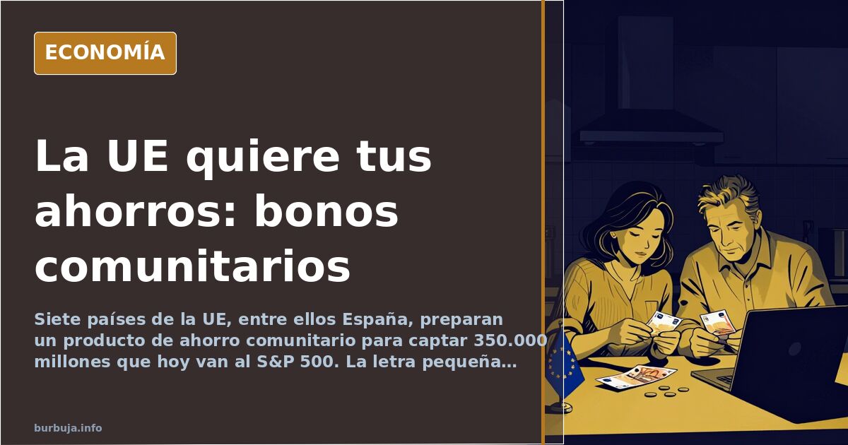 Ilustración editorial de un bono de ahorro europeo sobre un fondo azul marino con detalles dorados