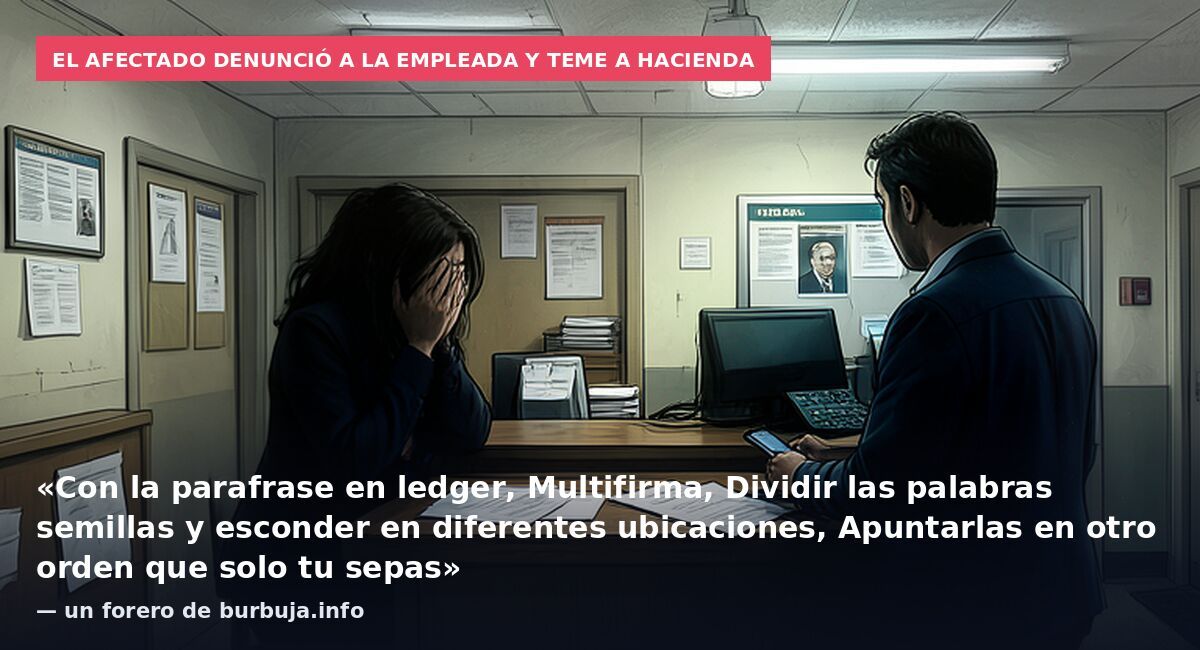 El afectado denunció a la empleada y teme a Hacienda: «Con la parafrase en ledger, Multifirma, Dividir las palabras semillas y esconder en diferentes ubicaciones, Apuntarlas en otro orden que solo tu sepas» — un forero de burbuja.info