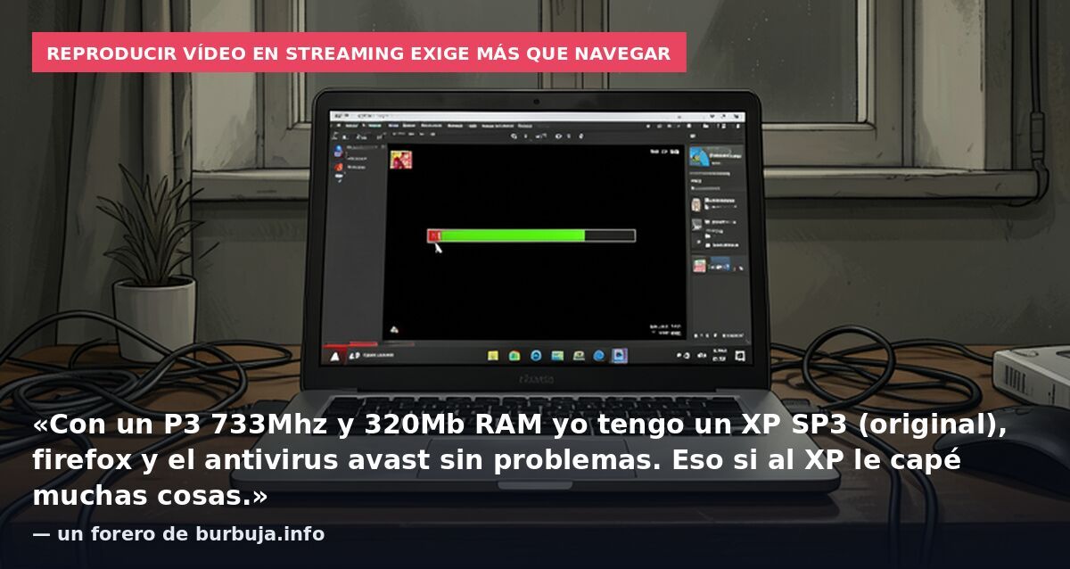 Reproducir vídeo en streaming exige más que navegar: «Con un P3 733Mhz y 320Mb RAM yo tengo un XP SP3 (original), firefox y el antivirus avast sin problemas. Eso si al XP le capé muchas cosas.» — un forero de burbuja.info