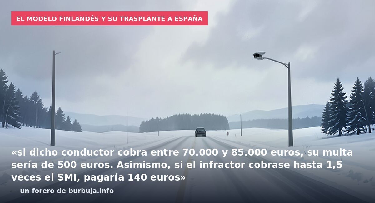 El modelo finlandés y su trasplante a España: «si dicho conductor cobra entre 70.000 y 85.000 euros, su multa sería de 500 euros. Asimismo, si el infractor cobrase hasta 1,5 veces el SMI, pagaría 140 euros» — un forero de burbuja.info