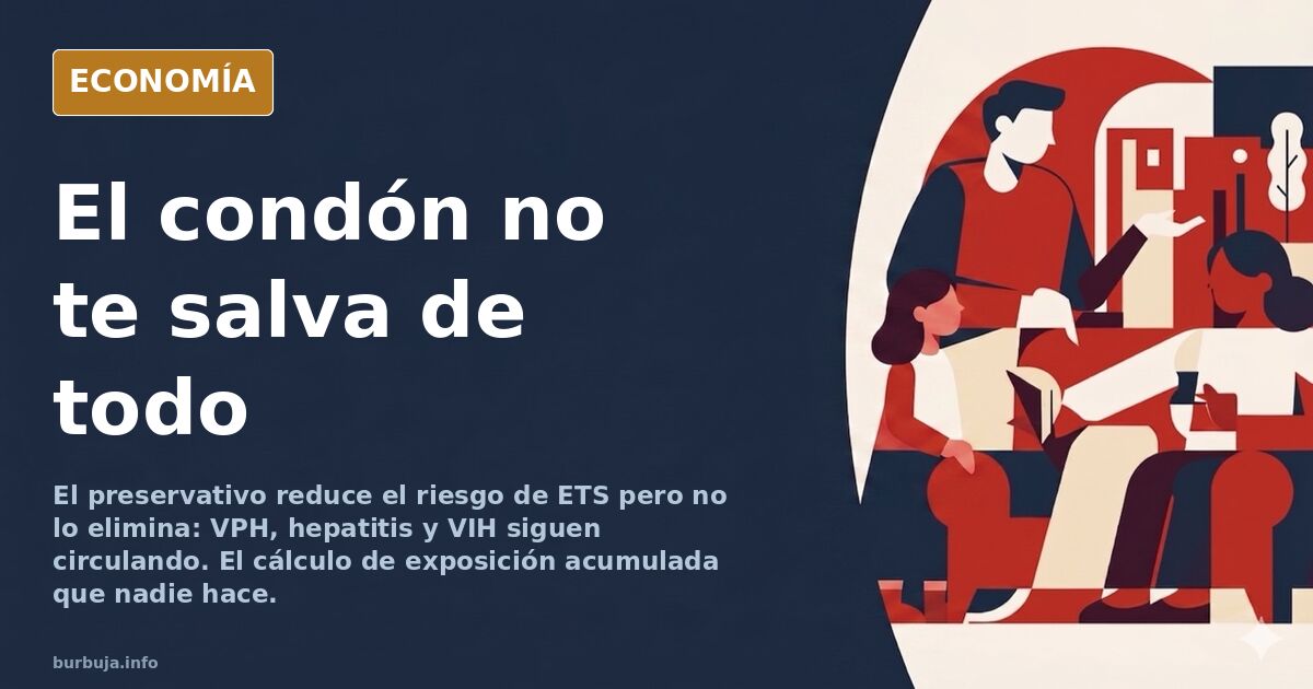 Ilustración editorial sobre riesgo de transmisión sexual y preservativo como filtro incompleto