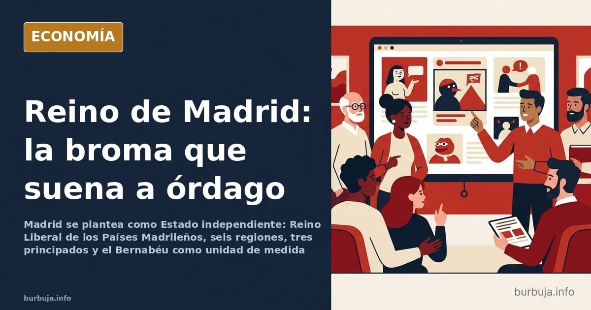 Ilustración editorial de Madrid como estado independiente con corona, bandera y mapa dividido en regiones sobre fondo azul ma