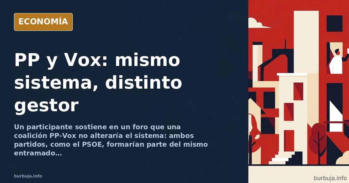 Ilustración editorial de dos siluetas políticas idénticas frente a un edificio gubernamental, simbolizando la alternancia sin