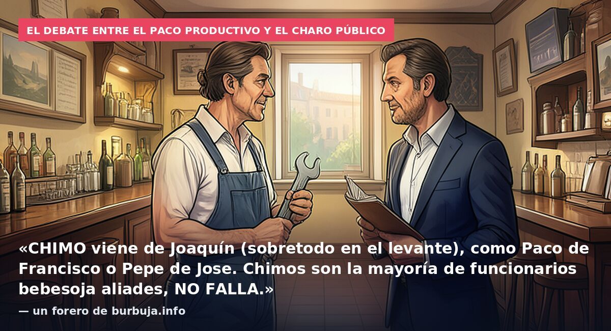 El debate entre el Paco productivo y el Charo público: «CHIMO viene de Joaquín (sobretodo en el levante), como Paco de Francisco o Pepe de Jose. Chimos son la mayoría de funcionarios bebesoja aliades, NO FALLA.» — un forero de burbuja.info