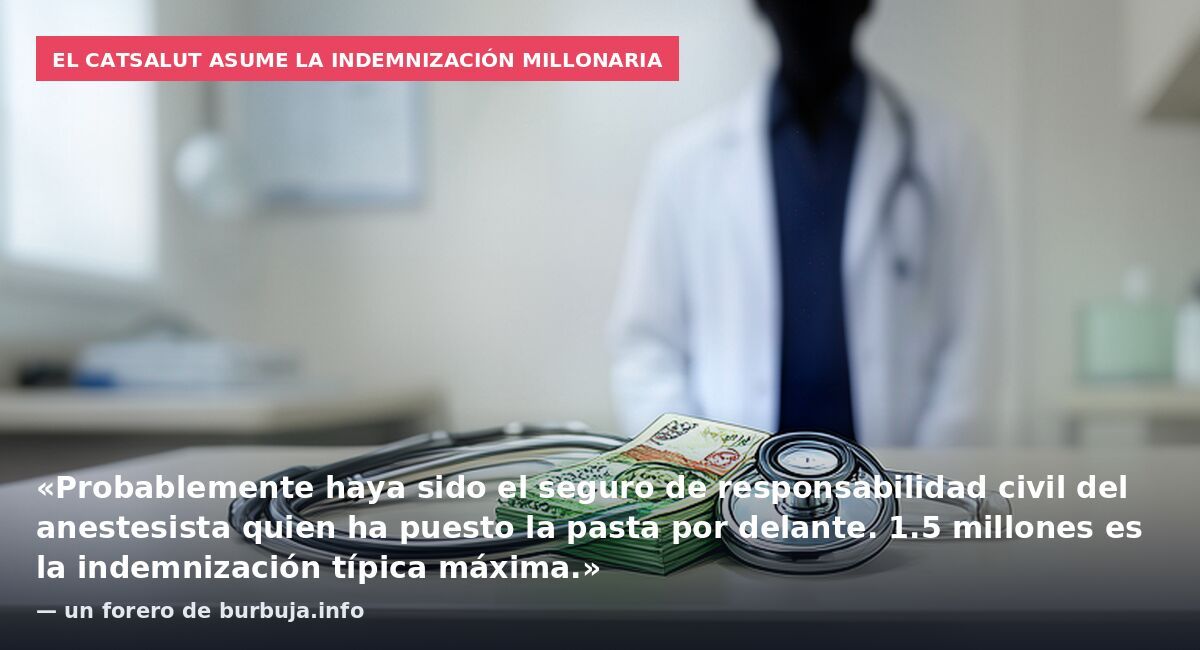 El CatSalut asume la indemnización millonaria: «Probablemente haya sido el seguro de responsabilidad civil del anestesista quien ha puesto la pasta por delante. 1.5 millones es la indemnización típica máxima.» — un forero de burbuja.info