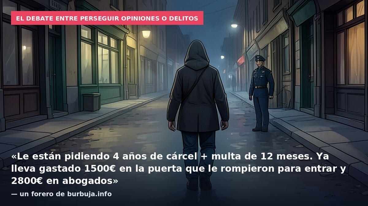 El debate entre perseguir opiniones o delitos: «Le están pidiendo 4 años de cárcel + multa de 12 meses. Ya lleva gastado 1500€ en la puerta que le rompieron para entrar y 2800€ en abogados» — un forero de burbuja.info