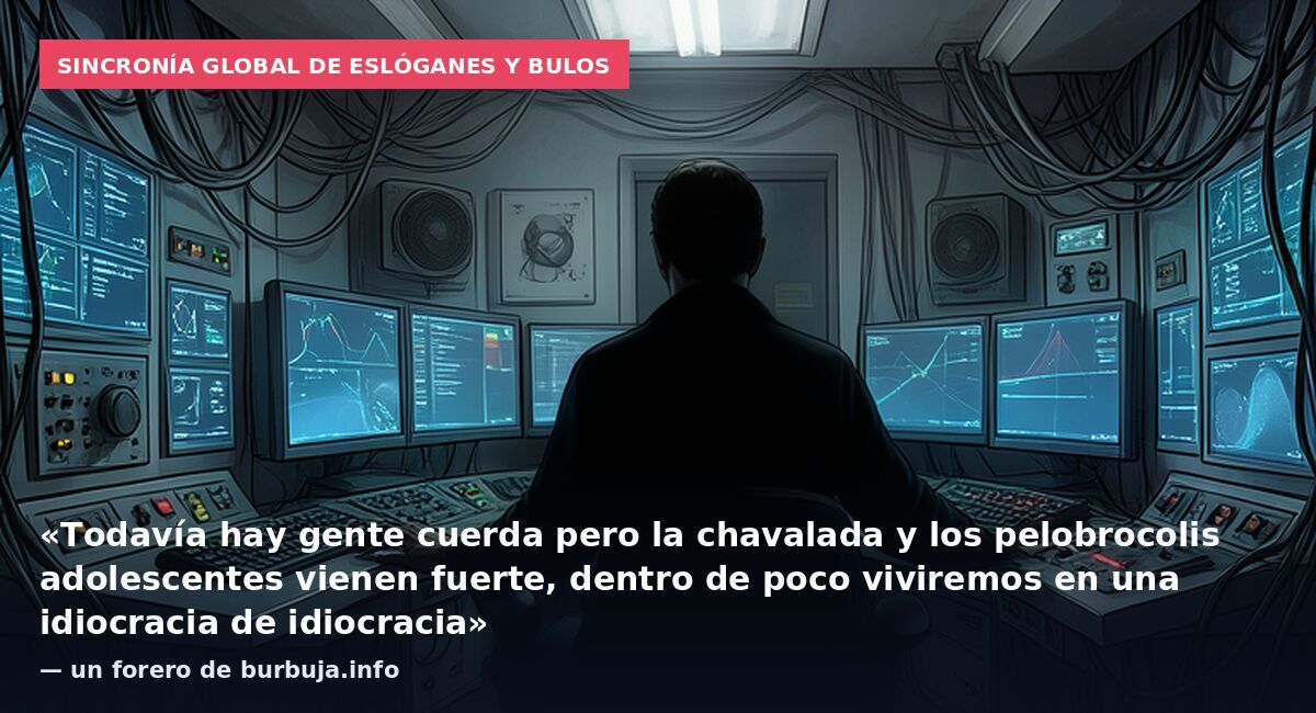 Sincronía global de eslóganes y bulos: «Todavía hay gente cuerda pero la chavalada y los pelobrocolis adolescentes vienen fuerte, dentro de poco viviremos en una idiocracia de idiocracia» — un forero de burbuja.info