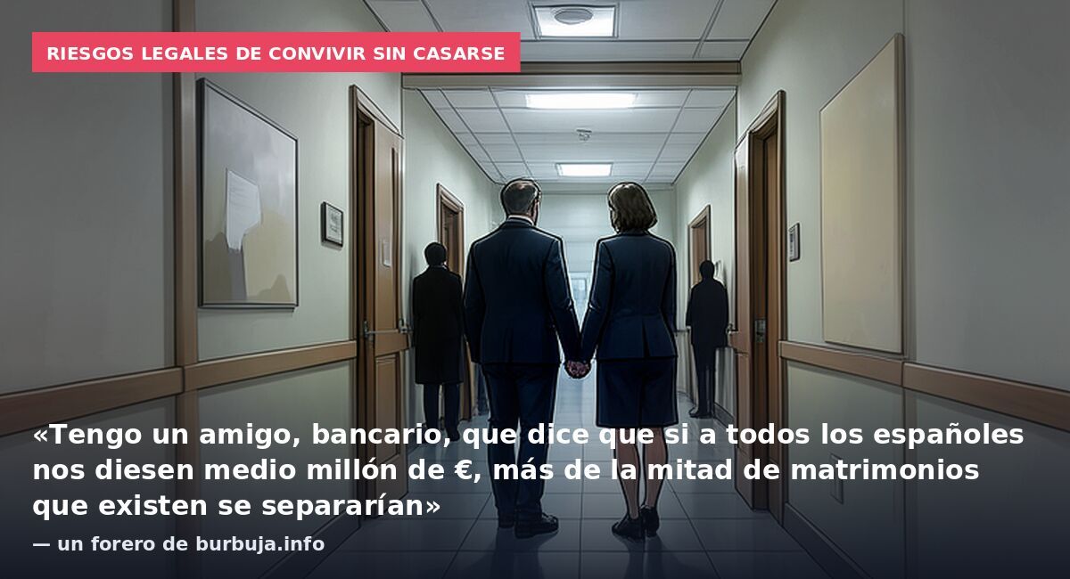 Riesgos legales de convivir sin casarse: «Tengo un amigo, bancario, que dice que si a todos los españoles nos diesen medio millón de €, más de la mitad de matrimonios que existen se separarían» — un forero de burbuja.info