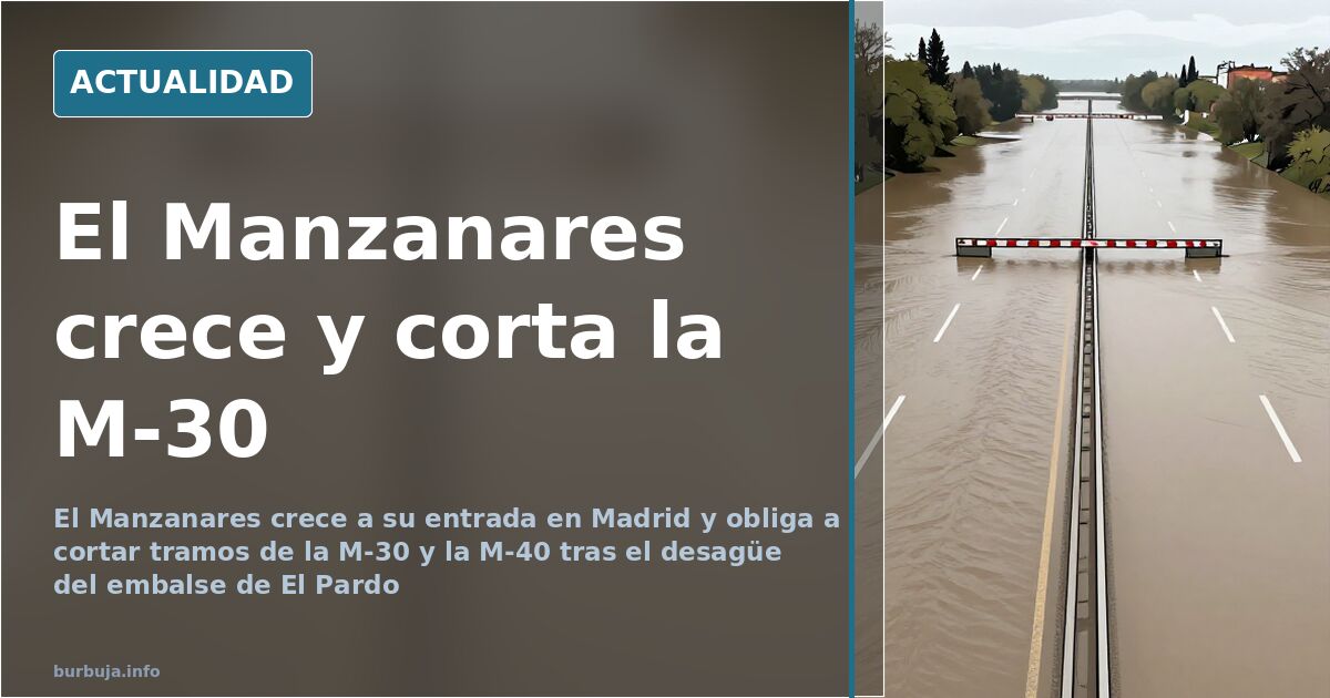 Vista del río Manzanares crecido a su paso por Madrid con el agua cubriendo el cauce y las zonas adyacentes