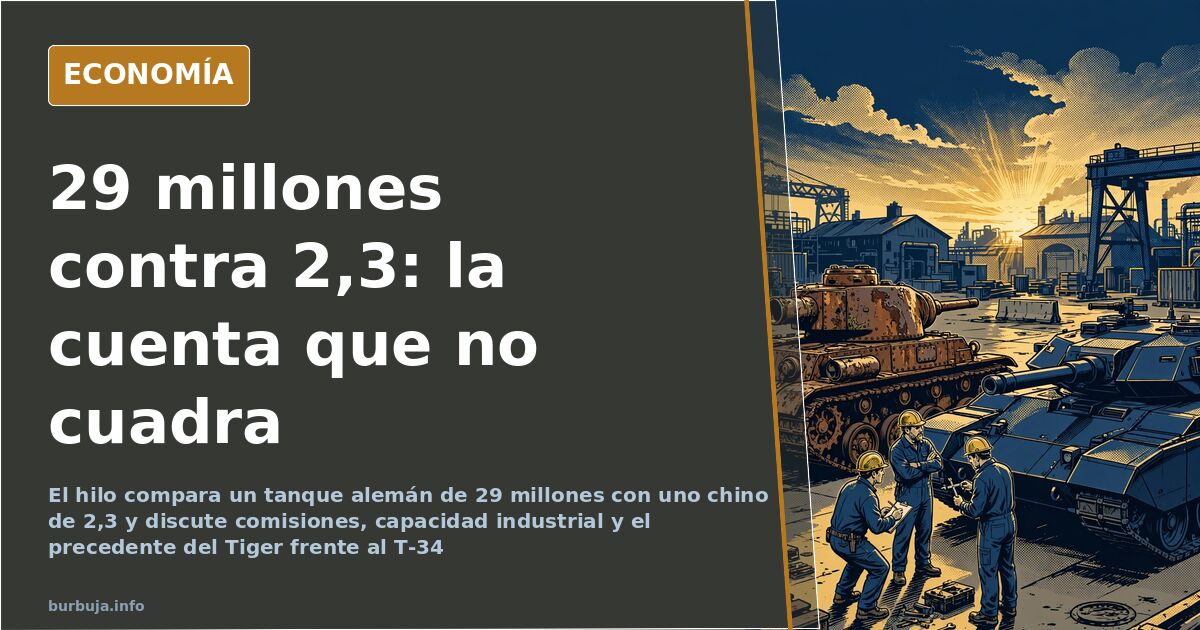 Ilustración editorial de dos tanques enfrentados con etiquetas de precio de 29 millones y 2,3 millones de euros