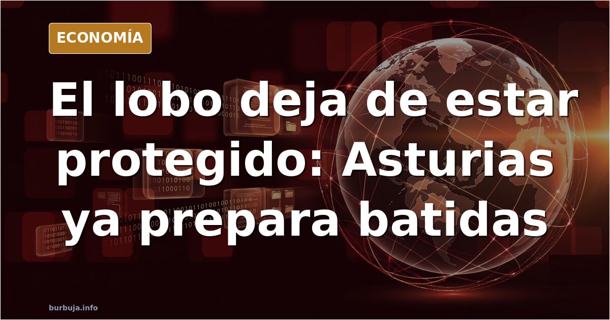 Ilustración editorial de un lobo ibérico en un paisaje montañoso asturiano bajo un cielo nocturno, con siluetas de ganado al 