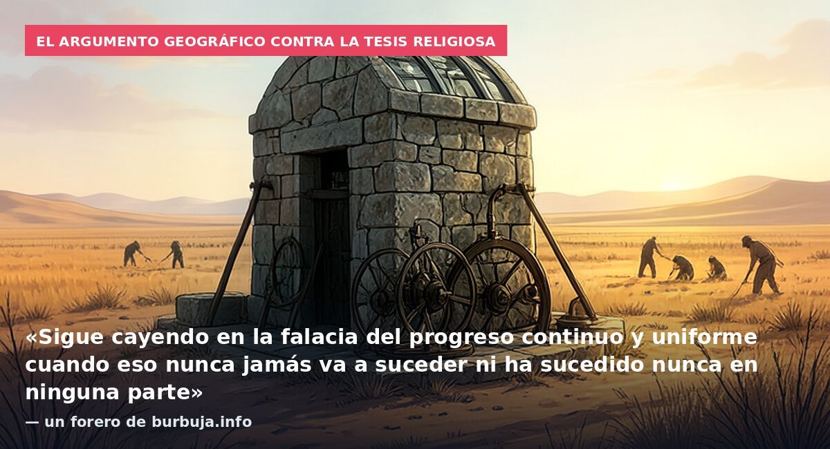 El argumento geográfico contra la tesis religiosa: «Sigue cayendo en la falacia del progreso continuo y uniforme cuando eso nunca jamás va a suceder ni ha sucedido nunca en ninguna parte» — un forero de burbuja.info
