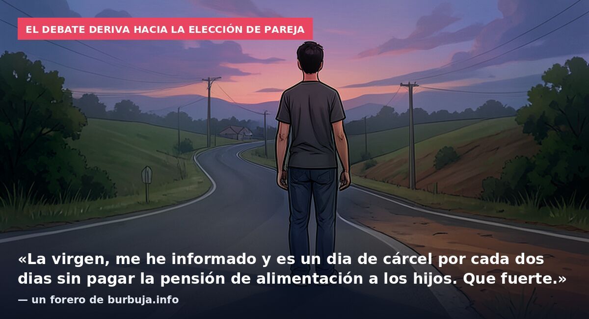 El debate deriva hacia la elección de pareja: «La virgen, me he informado y es un dia de cárcel por cada dos dias sin pagar la pensión de alimentación a los hijos. Que fuerte.» — un forero de burbuja.info