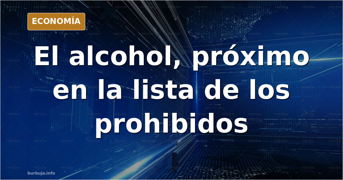Ilustración editorial de una botella de vino con etiqueta de advertencia sanitaria sobre un fondo azul marino y detalles dora