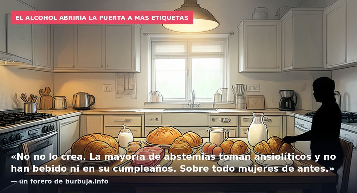 El alcohol abriría la puerta a más etiquetas: «No no lo crea. La mayoría de abstemias toman ansiolíticos y no han bebido ni en su cumpleaños. Sobre todo mujeres de antes.» — un forero de burbuja.info