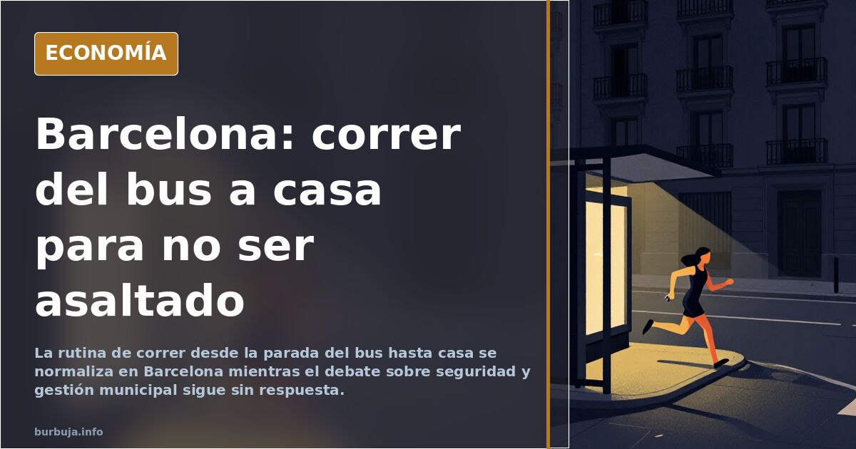 Ilustración editorial de una parada de autobús nocturna en Barcelona con una figura corriendo hacia el portal