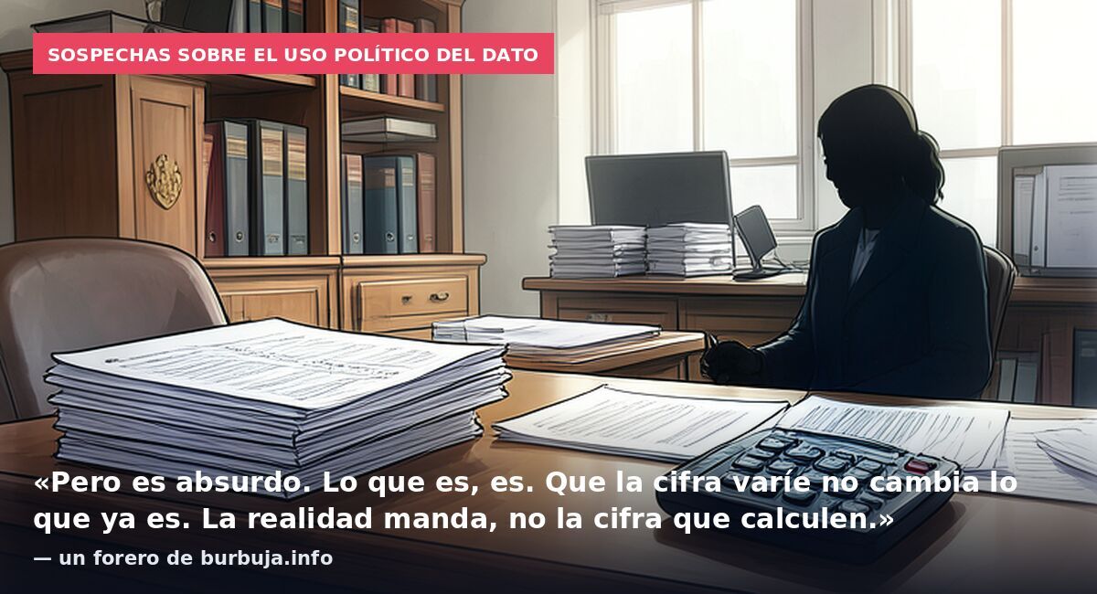 Sospechas sobre el uso político del dato: «Pero es absurdo. Lo que es, es. Que la cifra varíe no cambia lo que ya es. La realidad manda, no la cifra que calculen.» — un forero de burbuja.info