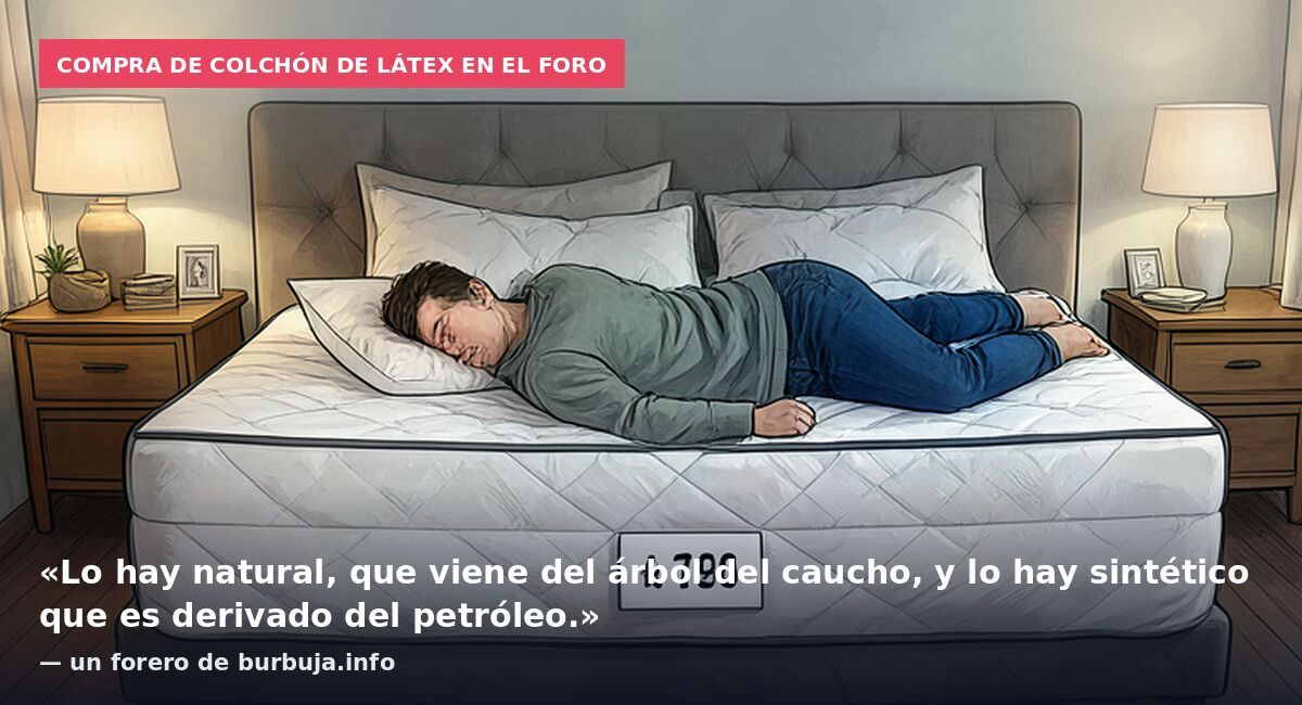 Compra de colchón de látex en el foro: «Lo hay natural, que viene del árbol del caucho, y lo hay sintético que es derivado del petróleo.» — un forero de burbuja.info