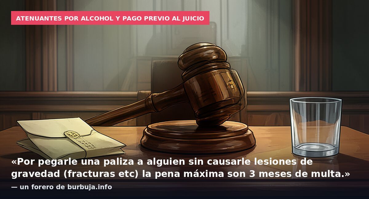 Atenuantes por alcohol y pago previo al juicio: «Por pegarle una paliza a alguien sin causarle lesiones de gravedad (fracturas etc) la pena máxima son 3 meses de multa.» — un forero de burbuja.info